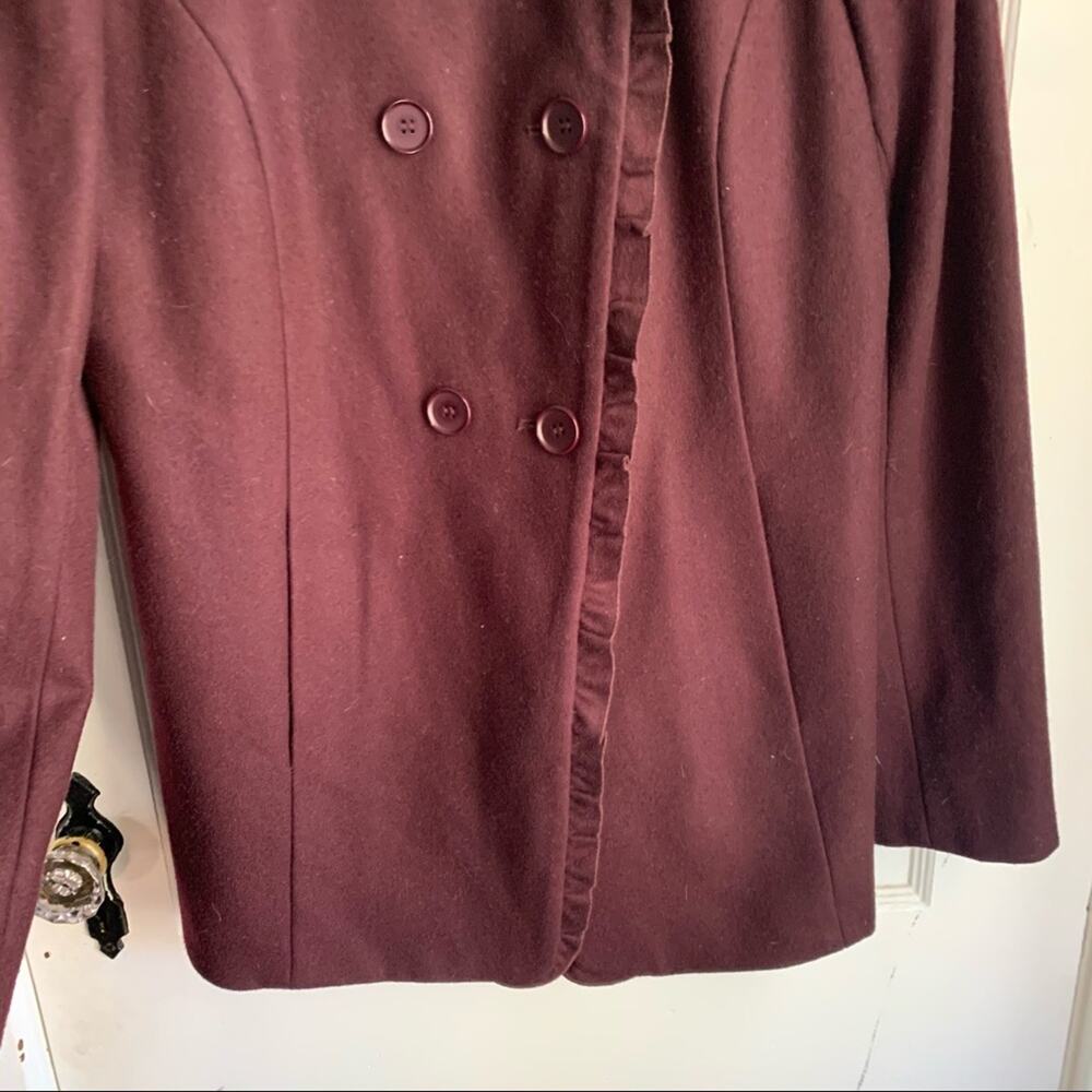 Ann Taylor Ruffle Neck Wool Blend Pea Coat Large Buttons Maroon Burgundy Small S - Picture 6 of 8